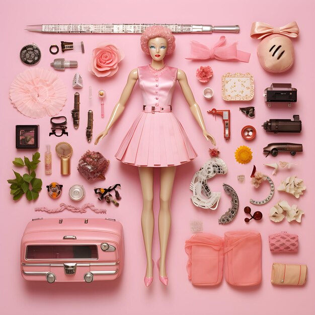 Photo pink doll model blonde girl in pink with accessories