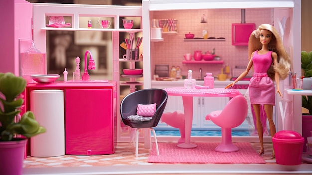 A pink dollhouse with a pink chair and a pink table.