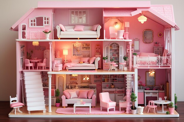 Pink dollhouse with pink interior