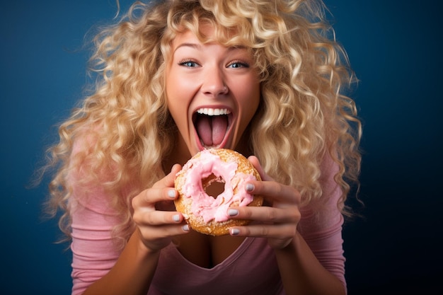 Pink donut being enjoyed by a person with a cup of tea in hand