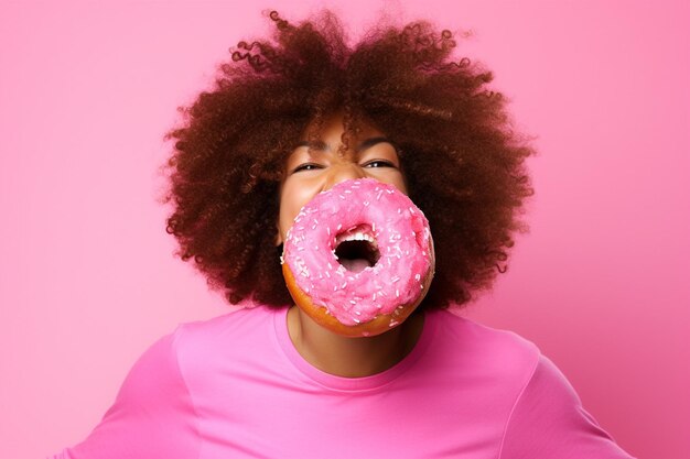 Photo pink donut being enjoyed by a person with a cup of tea in hand
