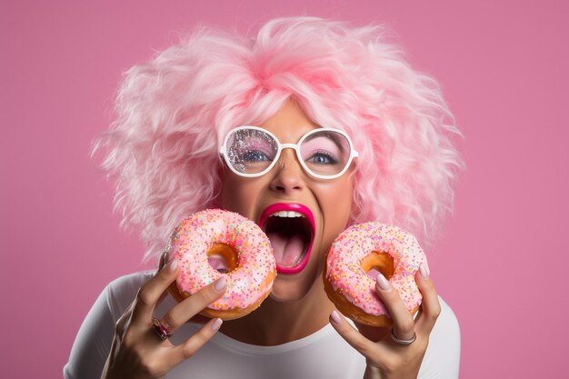 Photo pink donut being enjoyed by a person with a cup of tea in hand