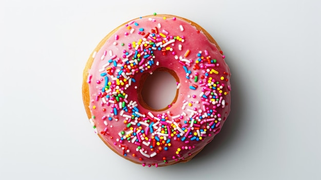 Pink donut decorated with colorful sprinkles isolated on white background Flat lay Top view