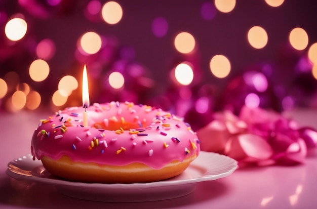 Розовый пончик и одна горящая свеча на светлом фоне боке. Концепция с днем рождения