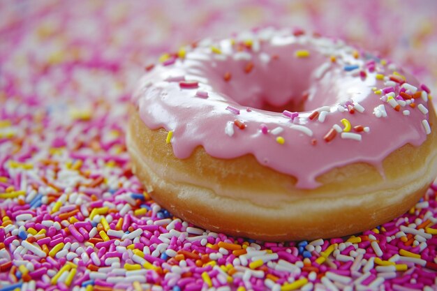 Pink donut on sprinkles ball background ar c