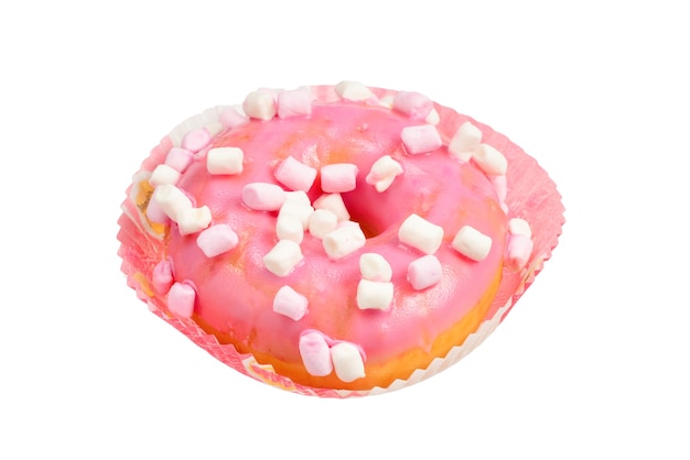 Pink donut with marshmallow isolated on white.