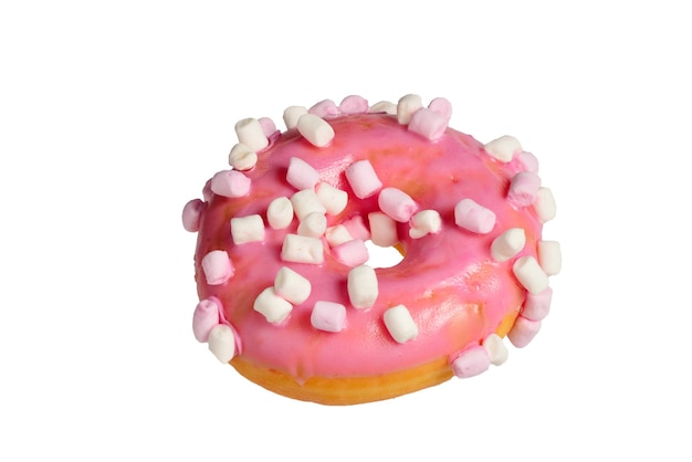 Pink donut with marshmallow isolated on white