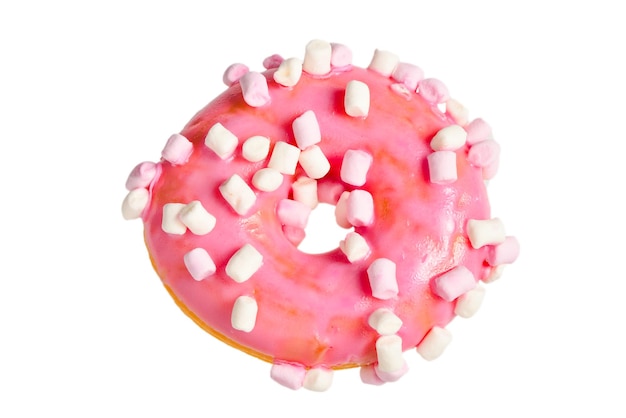 Pink donut with marshmallow isolated on white