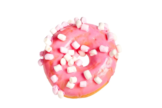 Pink donut with marshmallow isolated on white