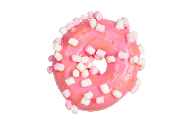 Pink donut with marshmallow isolated on white.