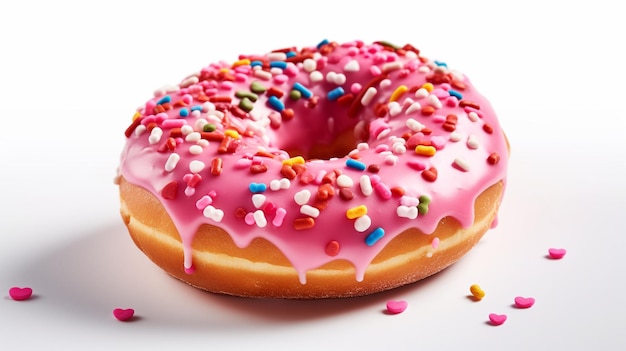 A pink donut with pink icing and sprinkles on it.