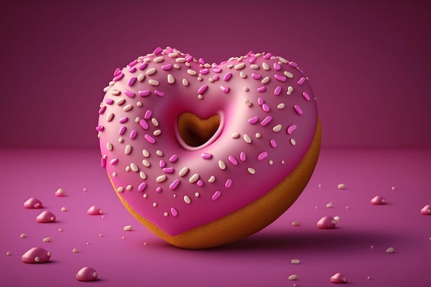 A pink donut with pink sprinkles and a heart shaped sprinkles