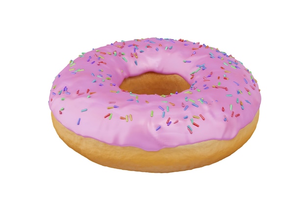 A pink donut with pink and yellow sprinkles on it.