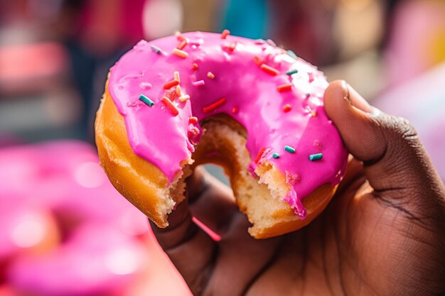 Photo pink donut with a slice being served at a cafe as part of a brunch menu