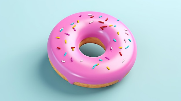 розовый пончик с посыпаниями сидит на синем фоне.