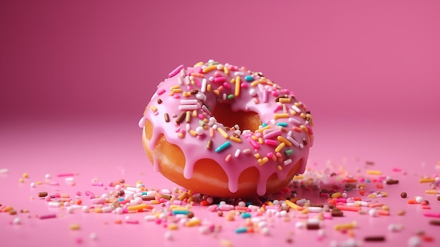 A pink donut with sprinkles on it