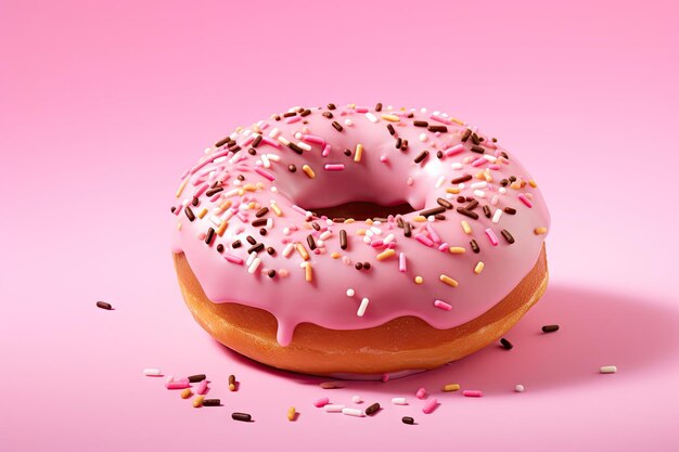 Pink donut with sprinkles on pink surface