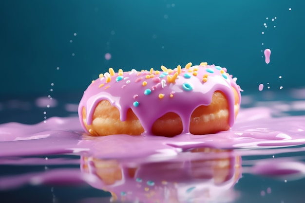 A pink donut with sprinkles and sprinkles sits on a blue background.