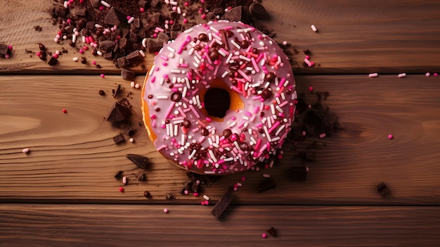 A pink donut with sprinkles on top of it