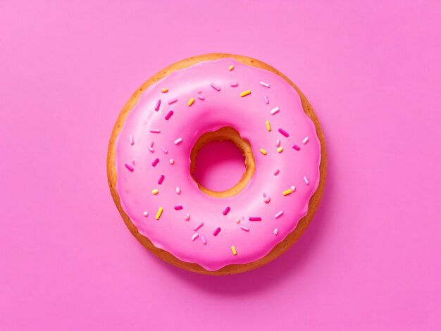 Pink donut with sweet color decoration on bright pink background