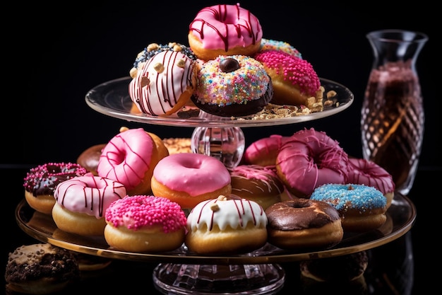 Pink donuts arranged on a platter with a bowl of whipped cream for dipping