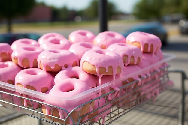 Pink donuts displayed on a dessert cart at a holiday market or festival