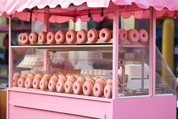 Pink donuts displayed on a dessert cart at a holiday market or festival