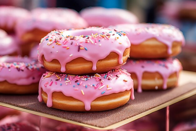 Photo pink donuts displayed on a dessert cart at a holiday market or festival