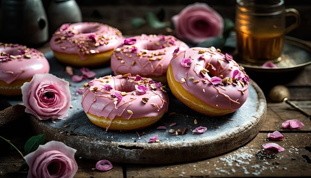 어두운 배경에서 축하를 위한 분홍색 도넛과 꽃 Generative AI