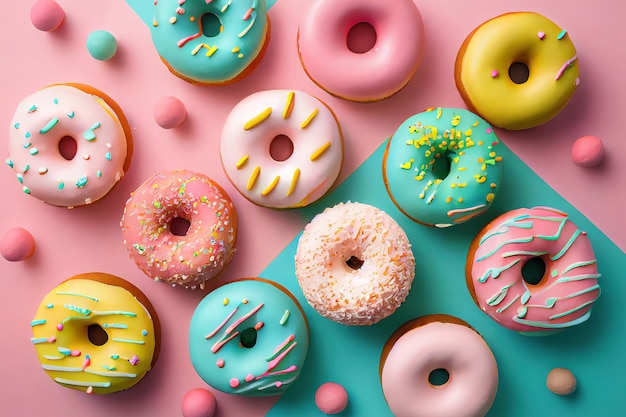 Pink donuts with colorful sprinkles on yellow background Generative Ai