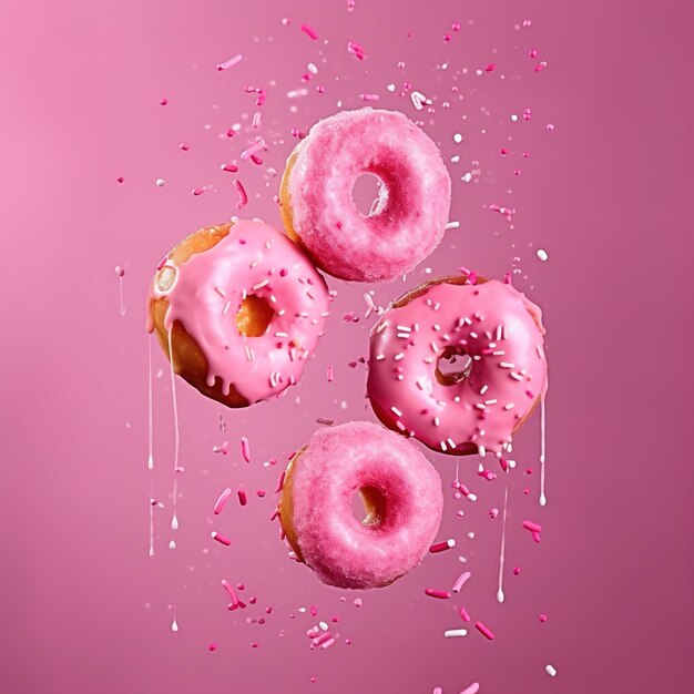 Pink donuts with pink sprinkles and sprinkles on a pink background