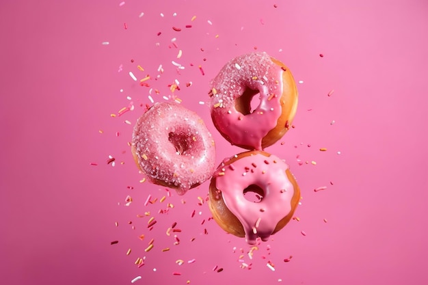 Pink donuts with pink sprinkles and sprinkles on a pink background