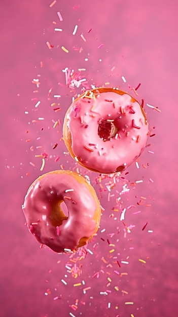 분홍색 배경에 스프링클이 있는 분홍색 도넛
