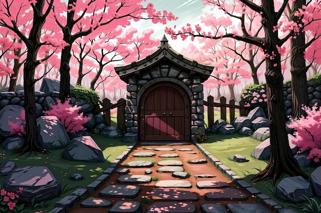 a pink door a dark forest area