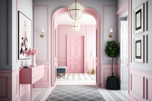 A pink door is open to a hallway with a black and white rug and a pink door.