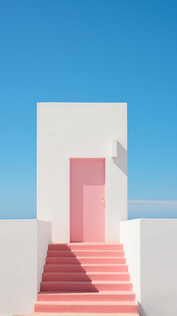 a pink door is on a white building