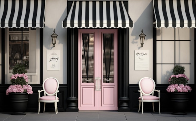 The pink door of the restaurant is painted with black and white stripes.