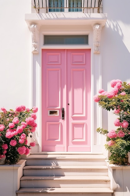 pink door and white wooden walls potted plants in front generative ai