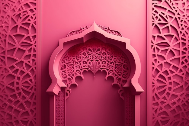 Pink door with arabic pattern on the wall