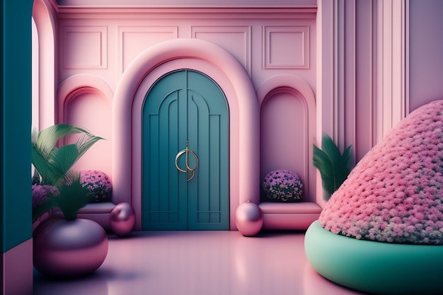 녹색 문이 있는 분홍색 문과 녹색 문이 있는 분홍색 문.