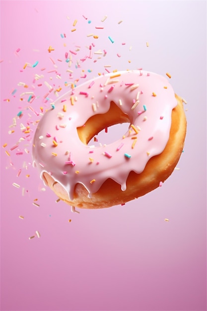 Pink doughnut with sprinkles falling or flying in motion against pink pastel background