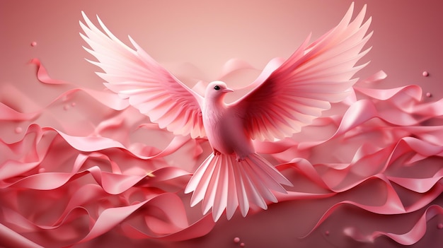 Pink dove flying around ribbons