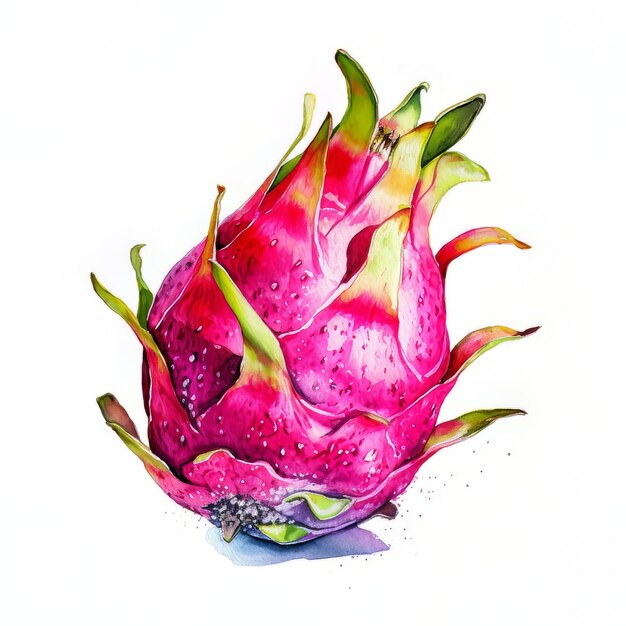 A pink dragon fruit with green and yellow leaves and the word dragon on it.