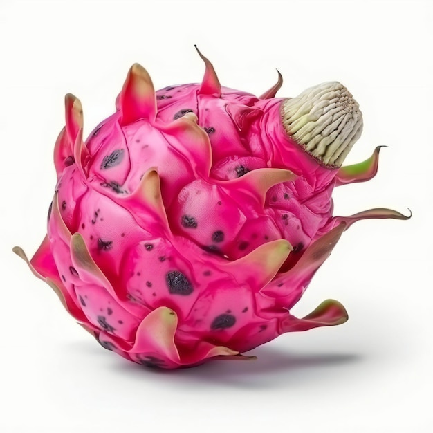 A pink dragon fruit with a large stem and a large seed head.