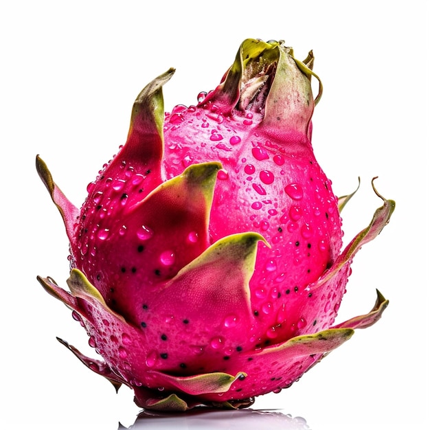 A pink dragon fruit with water droplets on it