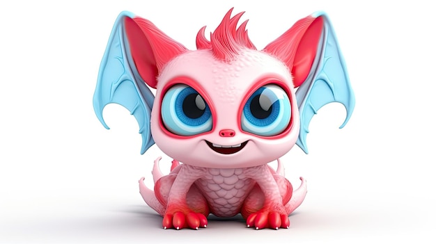 a pink dragon with blue eyes and a red tail.