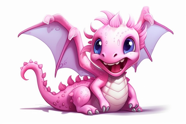 A pink dragon with wings and a pink tail sits on a white background.