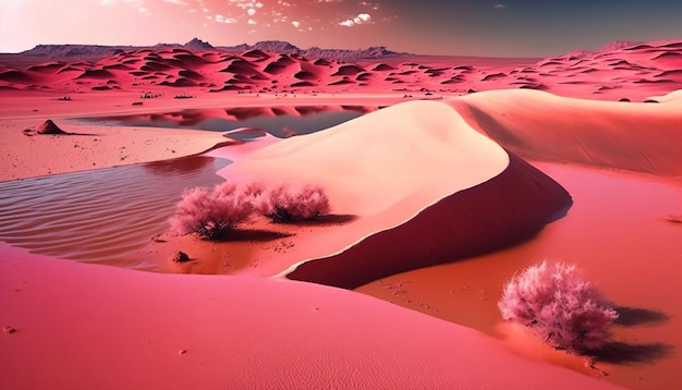 핑크색 꿈 같은 미학적 사막은 아름답고 조용한 풍경입니다.