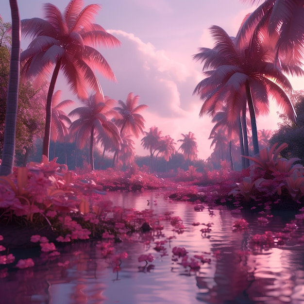Photo pink dreamy environment pink palms pink flowers dreamy landscape