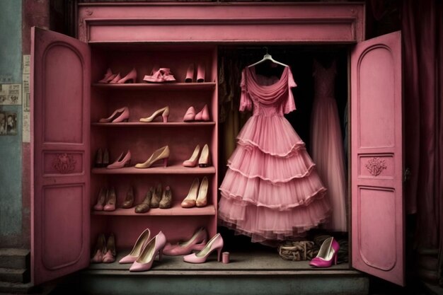 A pink dress is displayed in a closet with a shoe rack.